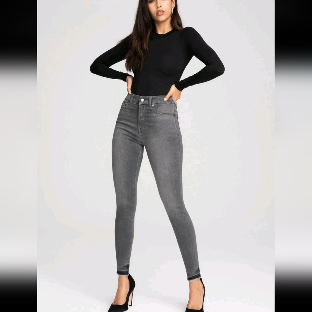 NWT Good American Good Legs Crop Jeans Skinny Raw Hem Grey Black Size 6 / 28